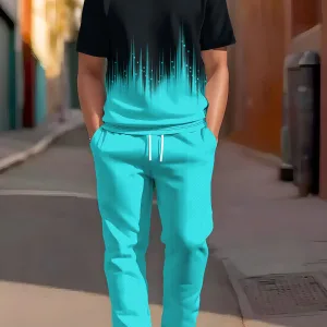 2025 Simple Men's Summer Gradient Printed Comfortable and Breathable Round Neck T-shirt Pants Set Outdoor Casual Two Piece Set