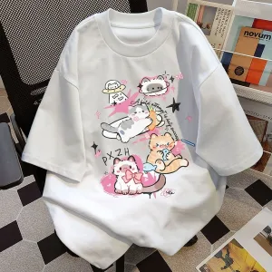 Summer Cute Cat Round Neck Short-sleeved T-shirt Versatile Couple Loose Tops Casual Printed T-shirt Graphic T Shirts Harajuku
