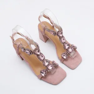 Glamorous Pink/Green Gemstone High Heel Sandals Women's Elegant Rhinestone Ankle Strap Party Wedding Footwear
