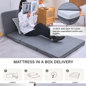 4-Fold Memory Foam Mattress, 3 inch Single Folding Mattress with Collapsible and Washable Cover, Travel and Guest Mat, Grey