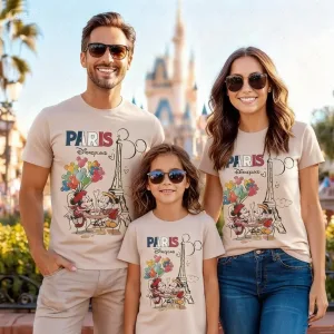 Retro Mickey Minnie Disneyland Parent-Child T-Shirt Eiffel Tower Mickey Mouse Camisetas Disney Familia Mother Kids Vacation Top