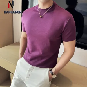High-quality Men's Short-sleeved T-shirt, Embroidered High-necked Undershirt, Slim-fit Men's Stretch Top.High-quality Cotton 85%