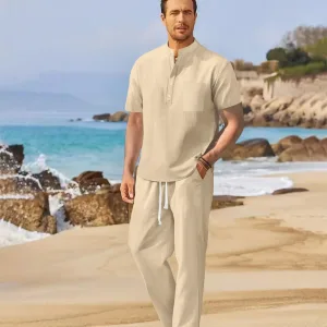 Summer men's cotton and linen set casual Henley shirt short sleeved+loose straight leg pants solid color two-piece set