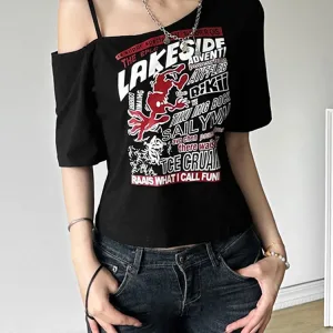 Gothic Tee Y2k Letter Print Off Shoulder Punk T-shirts Women Harajuku Summer Streetwear Grunge T Shirt Aesthetic Sexy Crop Tops