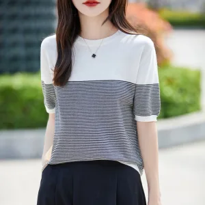 Women's T-Shirt Summer 100% Cotton Sweater Short Sleeve Striped Knitted Round Neck Ladies Tops Loose Blouse Pullover Tees