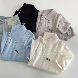 AOSSVIAO 2026 Summer New Korean Fashion Slim Polo shirt Knitted Short Sleeve T-shirt Sweet Bow Embroidered Knitted Women Tops