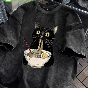 Unisex Hip Hop T Shirt Vintage Washed 100% Cotton T-Shirt Black Retro Cat Eating Ramen Graphic Tee Casual Streetwear