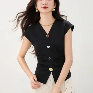 Minimalist Women's Short Sleeve T-Shirt, Summer Korean Style New Retro Buttoned Cropped V-Neck Color Block Vest Versatile Waist-