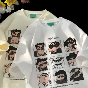 2025 Summer Women's Clothes Streetwear Crayon Shin Chan Print Cartoon T Shirt Tops Men's Women's Clothes 100%Cotton T Shirts
