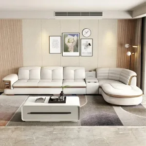 Luxury L-Shaped Genuine Leather Sectional Sofa Sets with USB, Bluetooth Speaker - MINGDIBAO Living Room Italian Leather Couches2