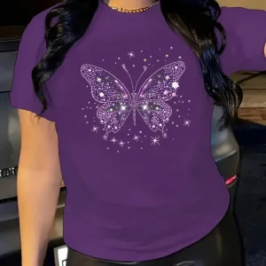 Sparkling Butterfly Women's Tee - Glam Graphic, Casual Purple Top