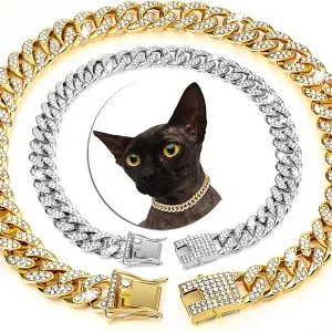 Luxury Cuban Link Cat Necklace Jewelry Rhinestone Collar Cat Gold Chain Kitten Wedding Prom Costume Accessories for Cats Puppy