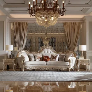 Leather Living Room Sofas Luxury European Beige Wooden Curved Modern Couch Double Lounge Designer Canape Salon Furniture