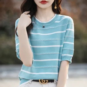 Women's T-Shirt Summer 100% Cotton Sweater Short Sleeve Striped Knitted Round Neck Ladies Tops Loose Blouse Pullover Tees