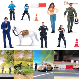 Painted Miniatures 1/64 Scale Police Beauty Old People Horse Figure Street Scene Mini Doll Model Props For Car Vehicles Decorate