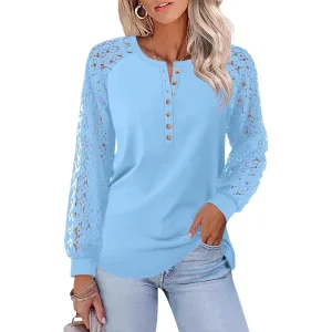 Women's Lace Long Sleeve Tops Henley Shirts Casual Blouses T Shirts Fall Half open with buttons Clothes
