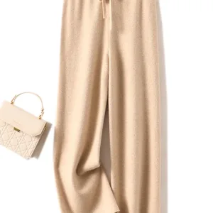 Autumn Winter Women's Pants Basic Soft Casual Sashes Trousers 100% Merino Wool Knitwear Korean Popular Pants