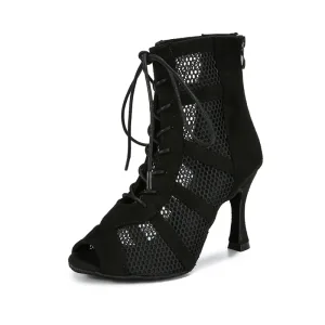 Black fashionable Latin dance boots, black mesh suede zipper lace-up sexy high-heeled dance shoes