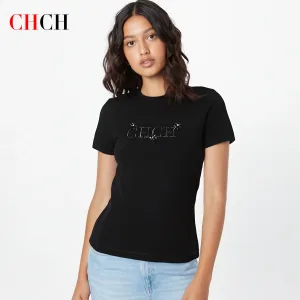 CHCH Women's T-shirt New Black Heavy duty Embroidered Round Neck Top Casual Comfortable Top