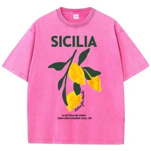 Amalfi Coast Italia Lemon Fruit Design Women Washed T-Shirts Y2K Casual T Shirt Summer Hip Hop Top Cotton Loose Short Sleeve