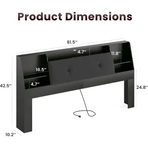 Wood Bookcase Headboard with Charging Station & 2 LED Lights (Black, King-Soft)