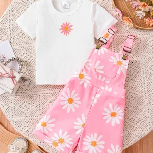 Summer Casual White T-Shirt for Girls with Daisy Print Suspenders Short Sleeve Fashion Comfortable Kids Set