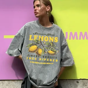 Premium Fresh Lemons Fruit Print Women Washed T-Shirts Y2K Comfortable Short Sleeve Loose All-Match T Shirt Cotton Hip Hop Top