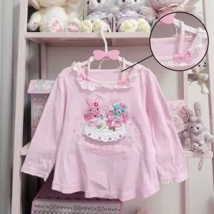 Japanese Kawaii Cartoon Graphic Print T-shirts Women's Pink Sweet Lace Stitching Tops Subculture Harajuku Tees Cute Bow Clothing