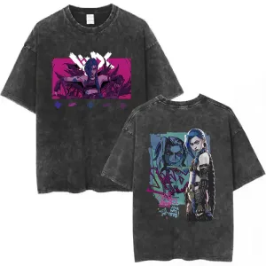 Unisex Arcane Jinx Game Fans Lover Gifts Washed Shirt Harajuku T-Shirt for Men Women Short Sleeve High Quality Cotton Tees