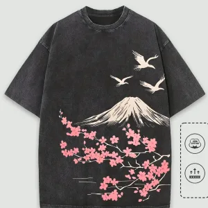 Unisex Vintage Hip Hop Casual Crew Neck T-Shirt 100% Cotton Washed Floral Mountain Graphic Print Streetwear Graphic Tee