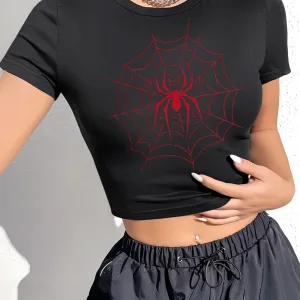 Women's Spider Print Round Neck Short Sleeve Slim Fit Cropped Top T-Shirt Women Clothes Aesthetic Clothes