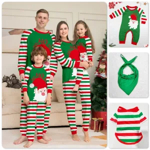 2023 Santa Claus Print Pajama Set，Parent-child Outfit Long Sleeve Crew Neck Top& Striped Pants，Sleepwear & Loungewear