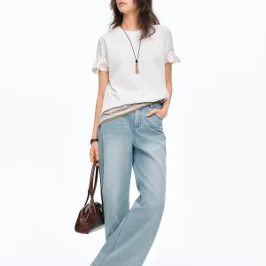 DUSHU 2026 Summer Women's Tuck Detail Cotton T-Shirt - Casual Comfort Fit Top for Daily Wear and Summer Outings