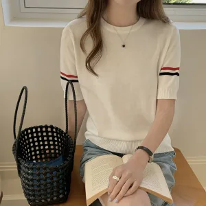 Summer 100% cotton women's T-shirt casual striped knit pullover short sleeved loose round neck Tees Pull luxury brand Tops