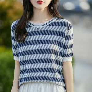 Women's T-shirt Summer New 100% Cotton Tees Casual Striped Sweater Short Sleeve Round Neck Blouse Ladies Clothes Loose Tops