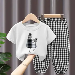 Children's Clothing Sets Mother and Daughter Printed Short-sleeved Top + Plaid Printed Trousers Kids Clothes Girls 2 To 8 Years